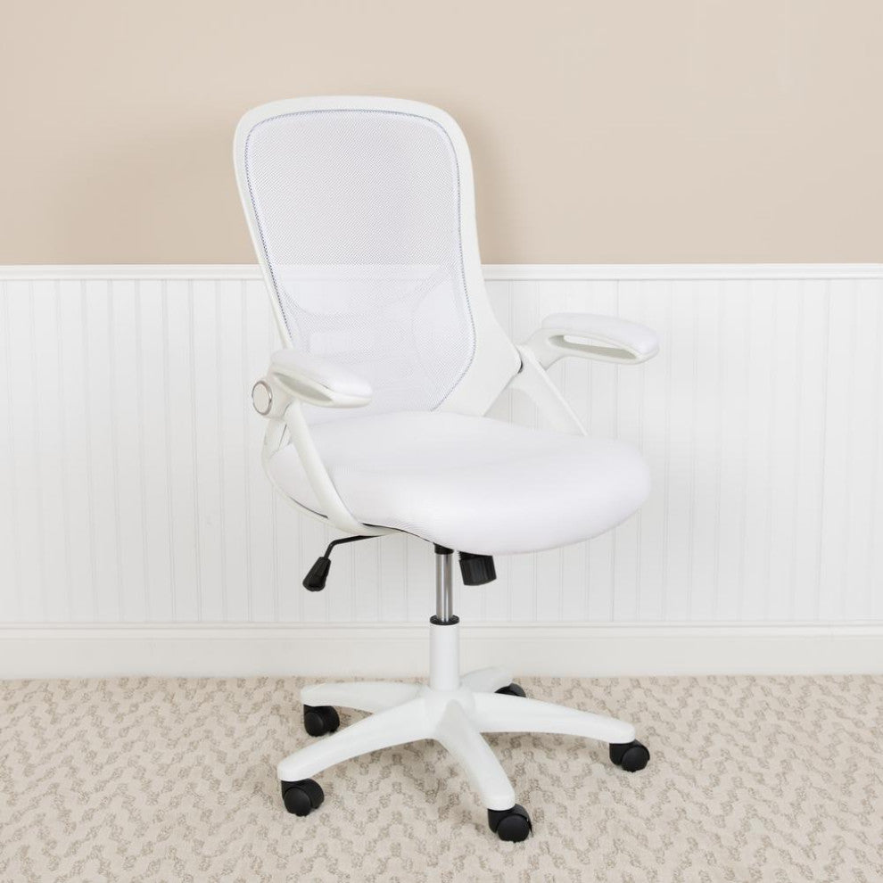 High Back Mesh Swivel Office Chair With Flip-up Arms, White