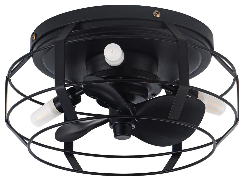 12 in Black Flush Mount Caged DC Motor Ceiling Fan with Light Kit and Remote