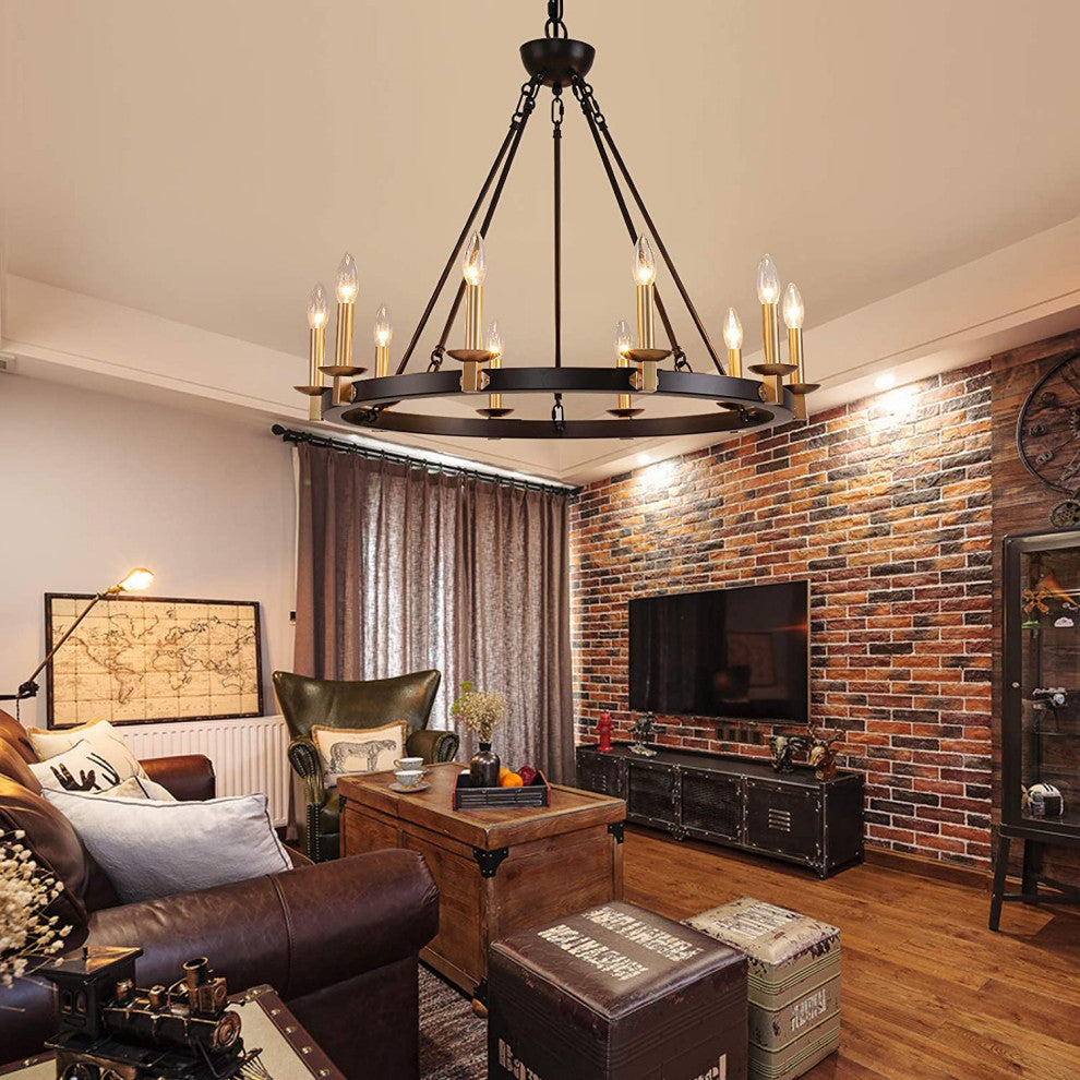 Vintage Wagon Wheel Chandelier Rust Farmhouse Pendant With Black and Gold Finish