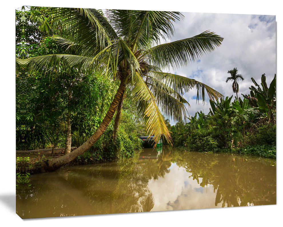 Tropical River with Bent Coconut Palm, Oversized Landscape Canvas Art, 20"x12"