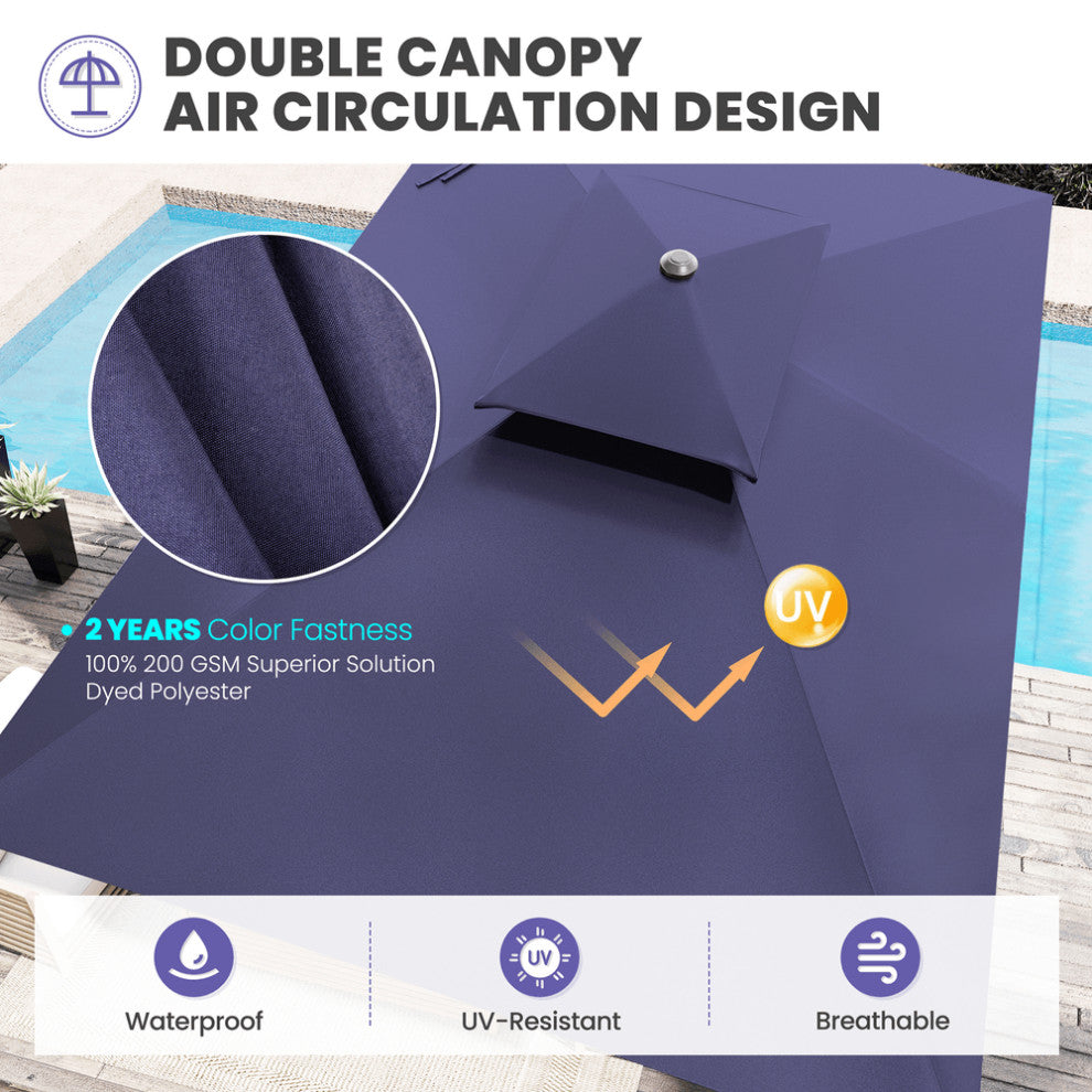 10' Navy Polyester Rectangular Tilt Market Patio Umbrella With Stand