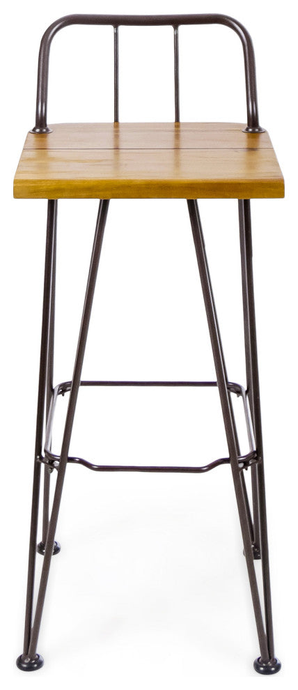 GDF Studio Outdoor Teak Finish Acacia Wood Barstools With Iron Frame, Set of 2