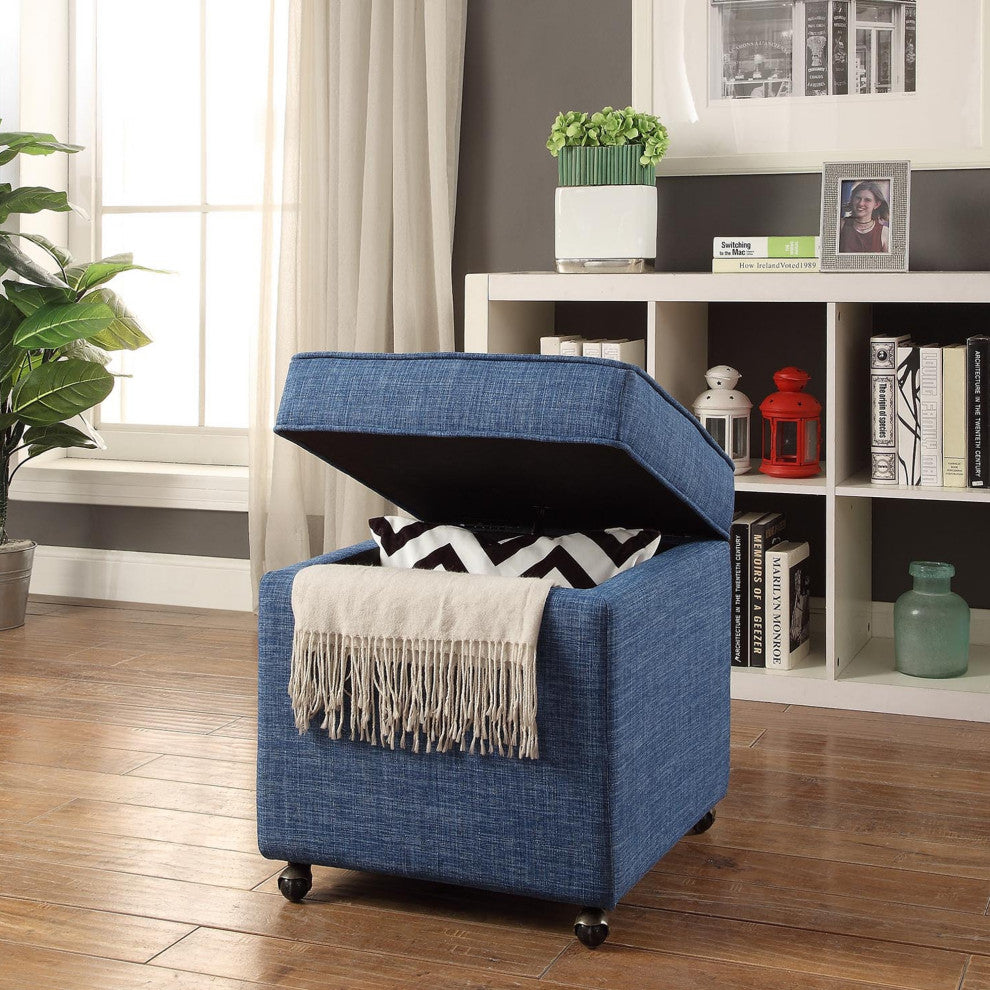 Lionel Linen Hidden Storage Castered Legs Ottoman Cube, Blue