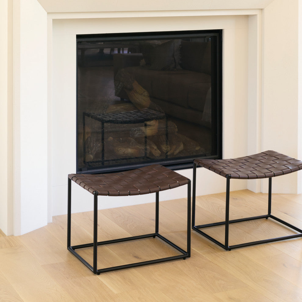 Clarissa Dark Brown Genuine Leather Woven Seat w/Black Metal Frame Stool