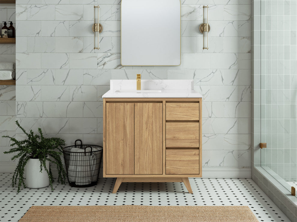 Madison Teak 36 Left Offset Bath Vanity in Light Natural 1.5" Empira Quartz