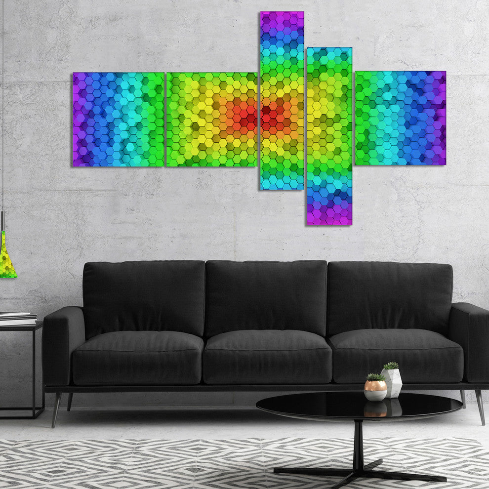 Random Elevated Hexagon Columns, Abstract Art on Canvas, 60"x32", 5 panels