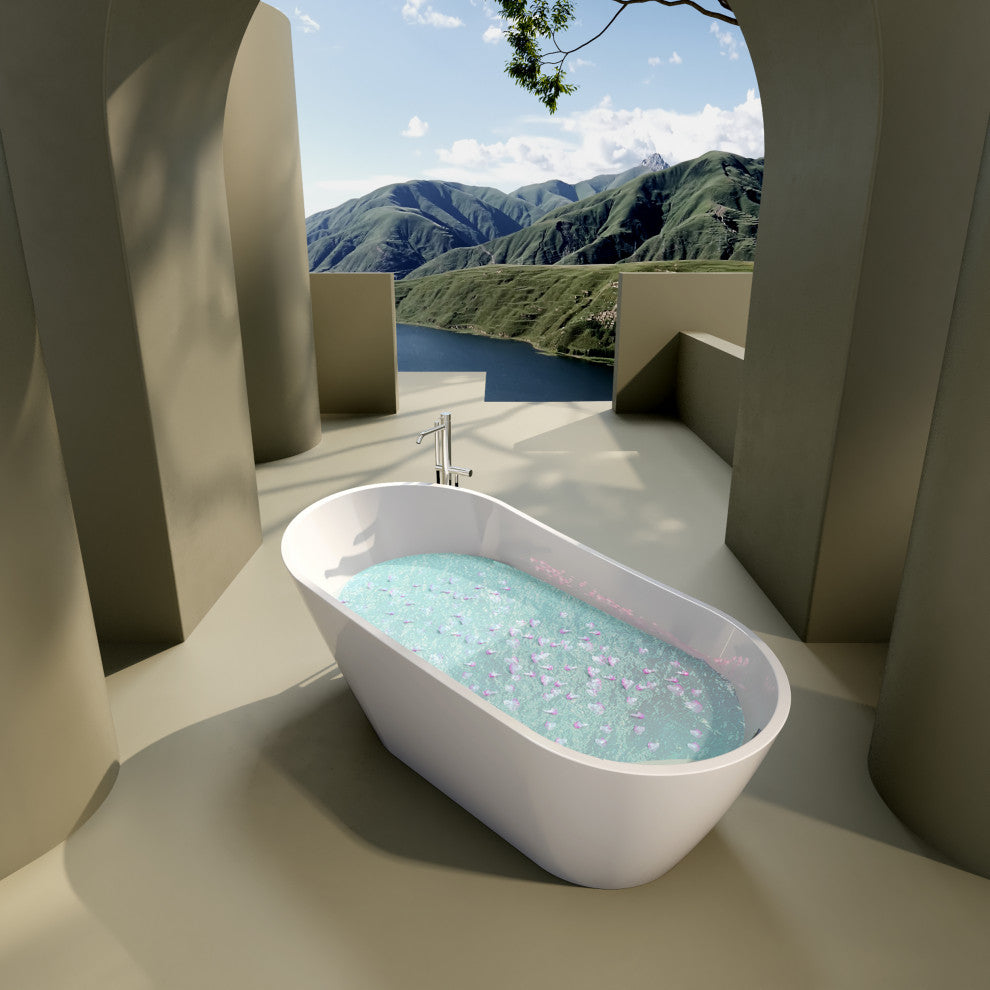 Acrylic Freestanding Bathtub With Drain and Overflow cover, Glossy White, 59"