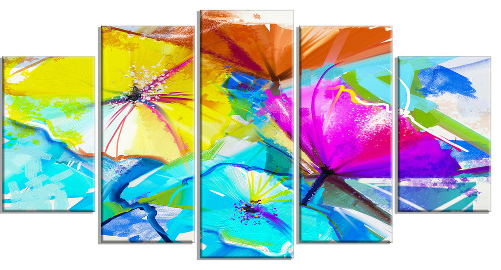 Abstract Spring Flowers Still Life, Blue, Floral Wall Art, 60"x32", 5 Panels