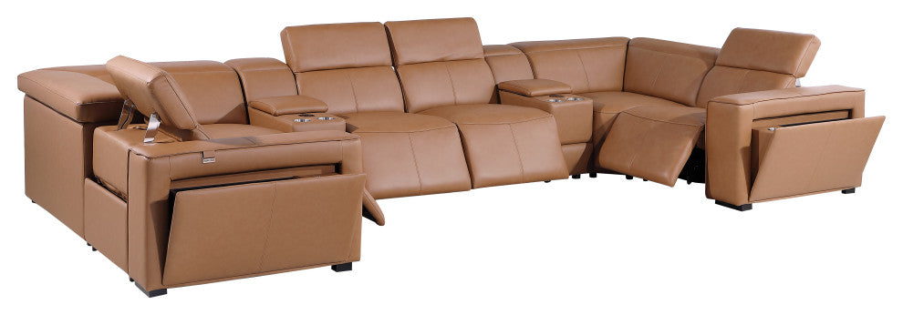 Niccolo Italian Leather 8-Piece U-Shaped 4 Power Reclining Sectional, Cognac