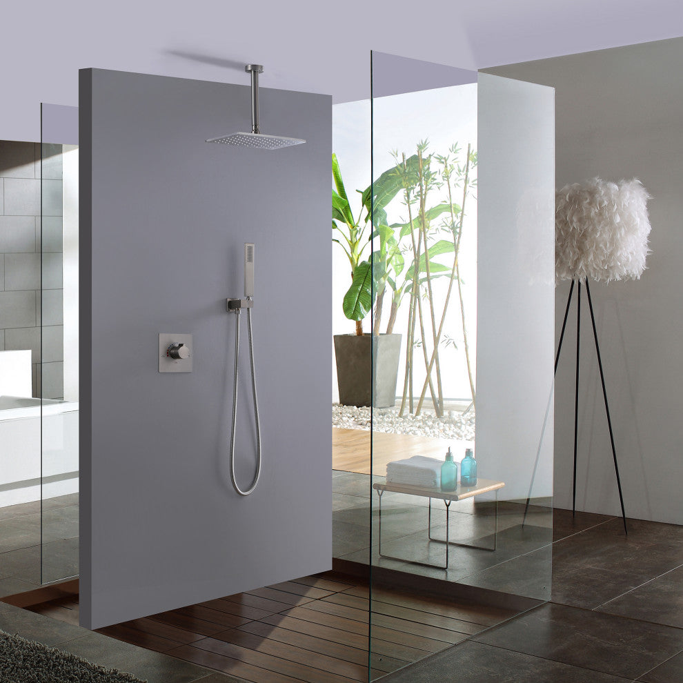 Ceiling Mounted Rain Shower System with Hand Shower-Includes Rough-in Valve, Brushed Nickel