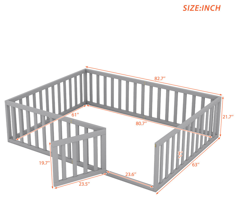 TATEUS Stylish and Versatile Floor Bed for Kids"™Bedroom Fences, Gray, Queen