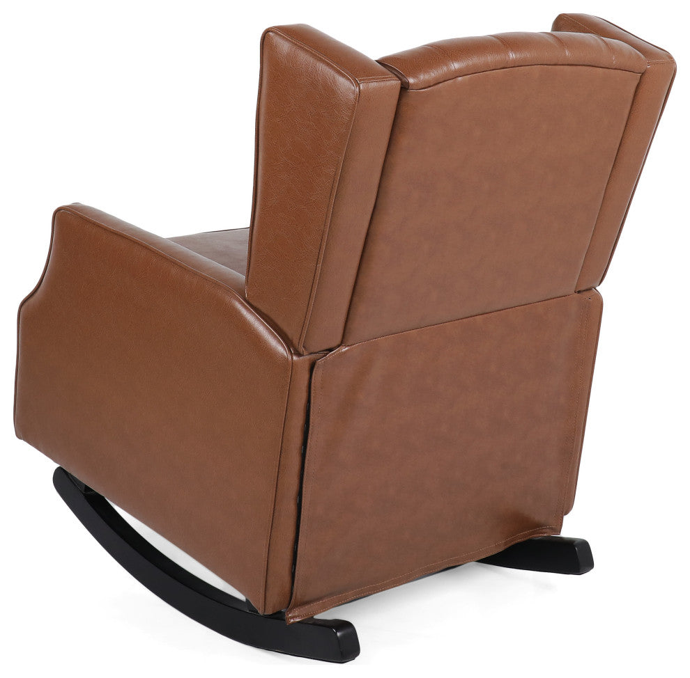 Amedou Faux Leather Tufted Wingback Rocking Chair, Cognac/Dark Brown