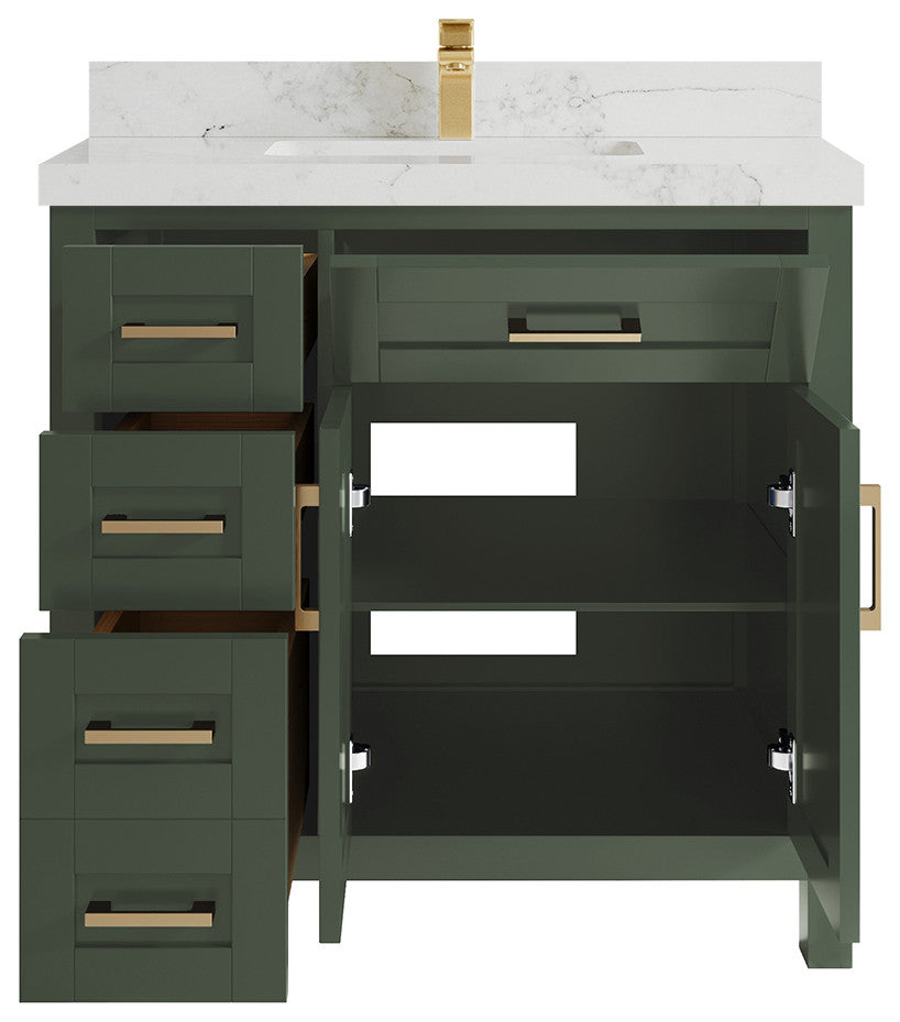 Cambridge 36 Center Sink Bath Vanity in Pewter Green 2" Calacatta Nuvo