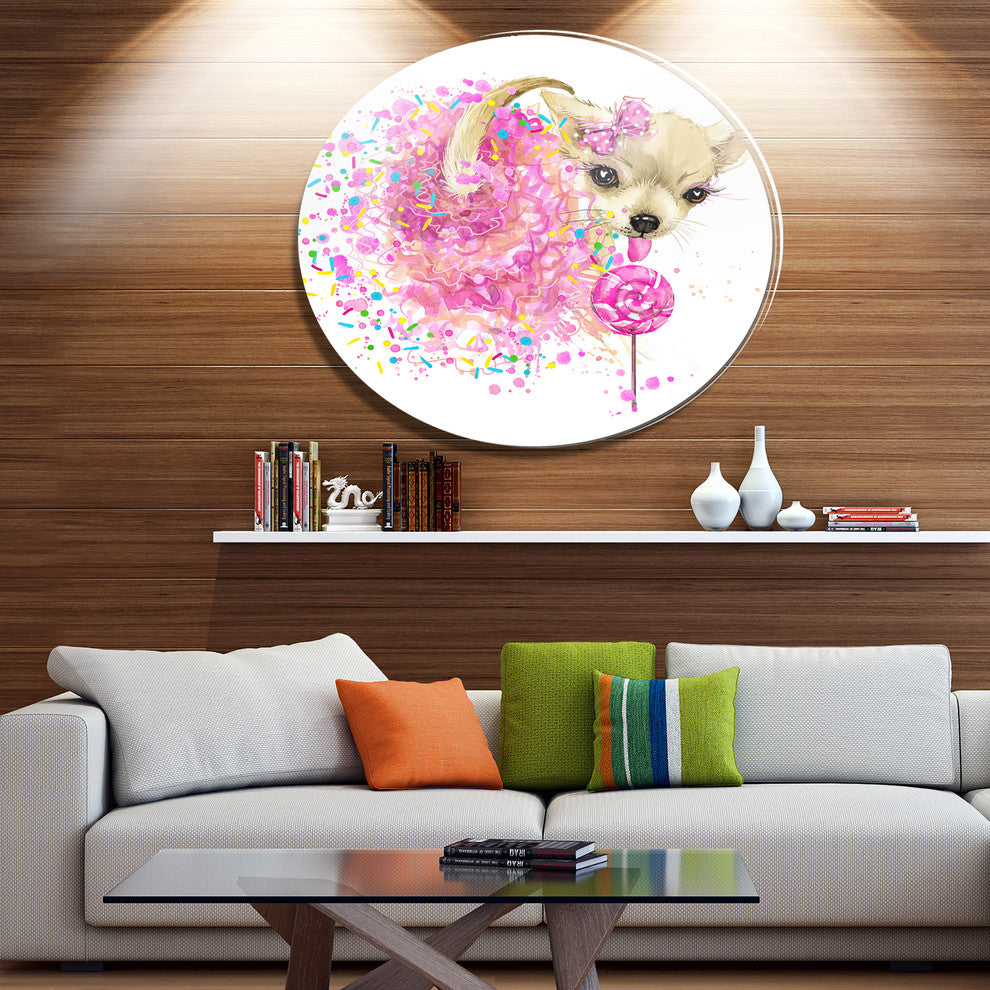 Sweet Pink Dog Without Glasses, Animal Large Disc Metal Wall Art, 11"