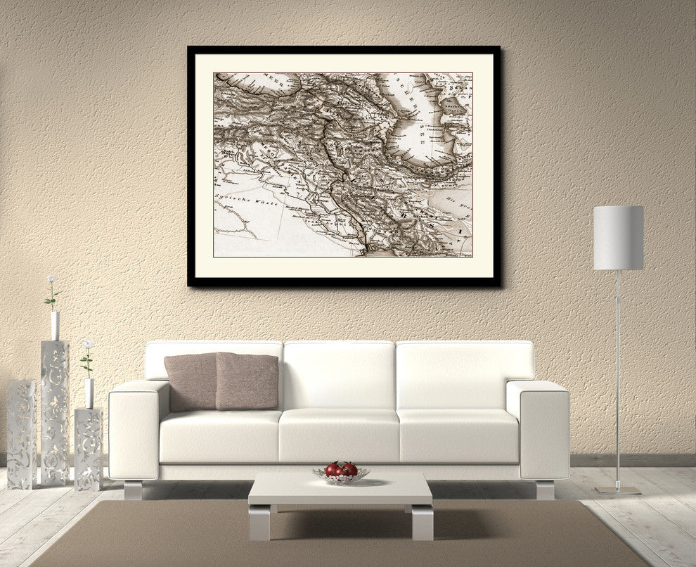 Iraq Vintage Old Sepia Map Print On Canvas With Black Custom Frame, 16" X 21"