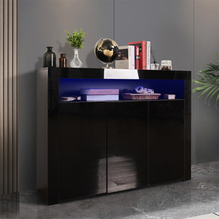 Black High Gloss Sideboard Storage Cabinet modern wood TV stand with 3 doors
