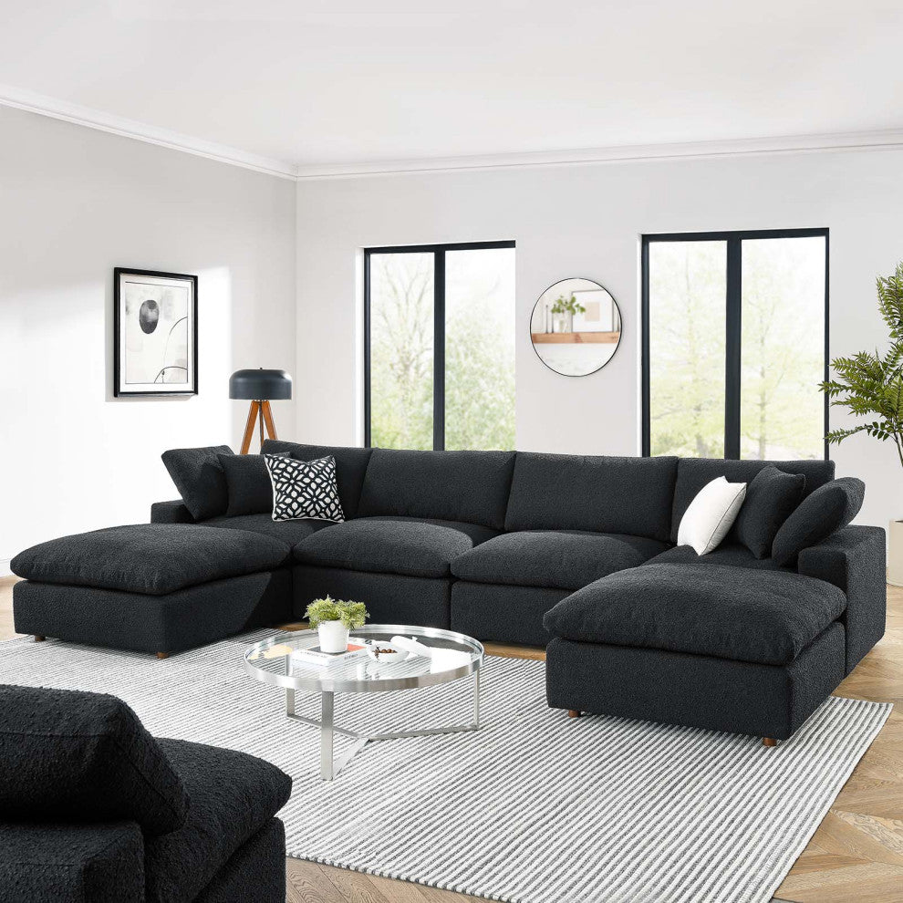 Commix Down Filled Overstuffed Boucle 6-Piece Sectional Sofa, Black