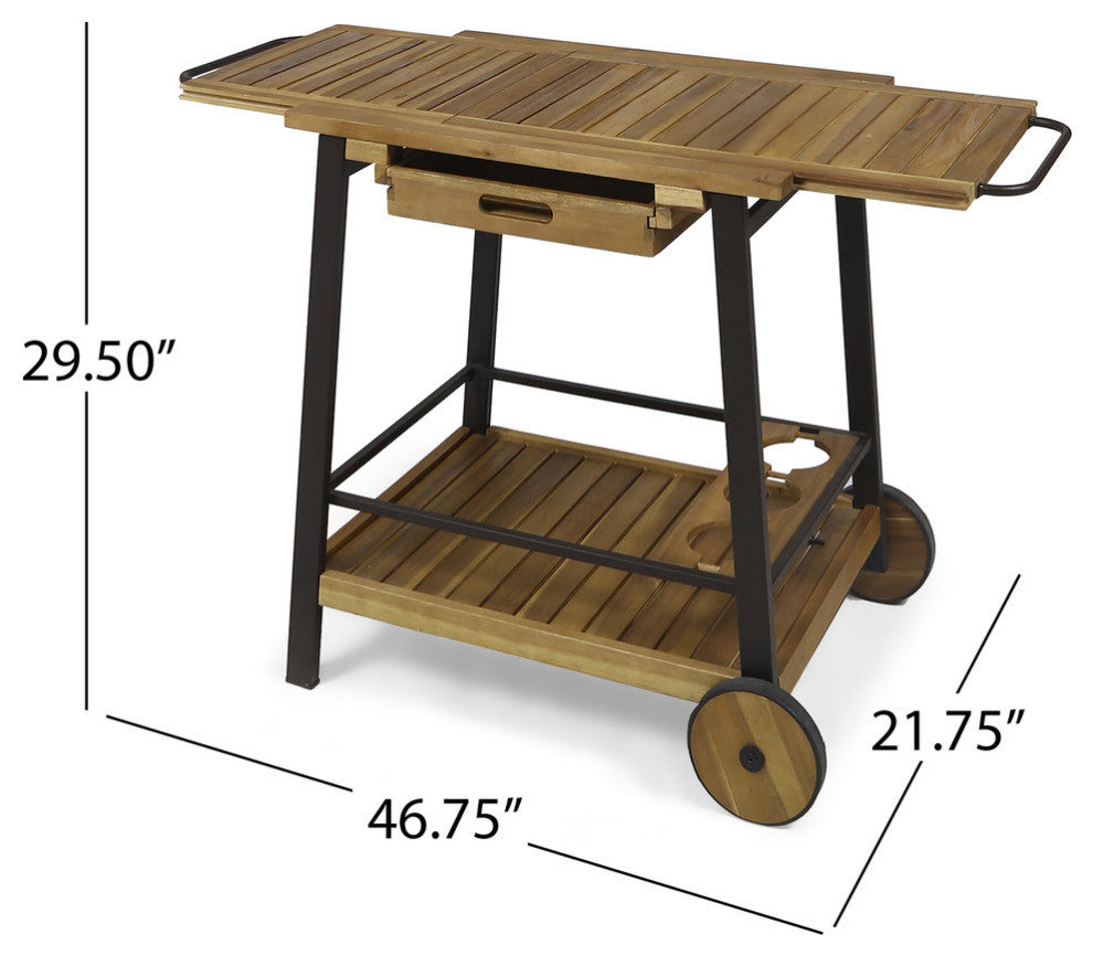 Michaela Outdoor Wood and Iron Bar Cart with Tray Top and Bottle Holders