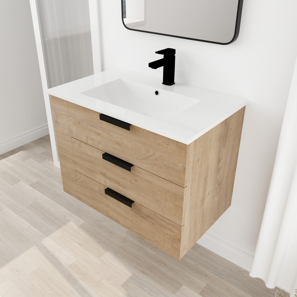 30 Inch Plywood Wall-Mounted Bathroom Vanity With Drawer and Adjustable Shelf