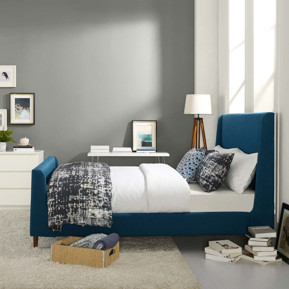 Aubree Queen Upholstered Fabric Sleigh Platform Bed Azure