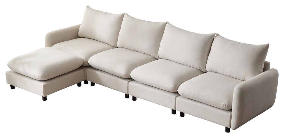 GDF Studio Upholstered Modular Sectional Sofa Set, White Sand, 4 Seater With Ottoman