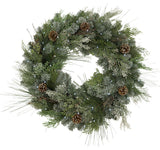 32"D Pre-Lit Snowy Mixed Pine Wreath w/Pine Cones, Twig & Cedar Accents.