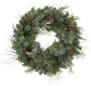 32"D Pre-Lit Snowy Mixed Pine Wreath w/Pine Cones, Twig & Cedar Accents.