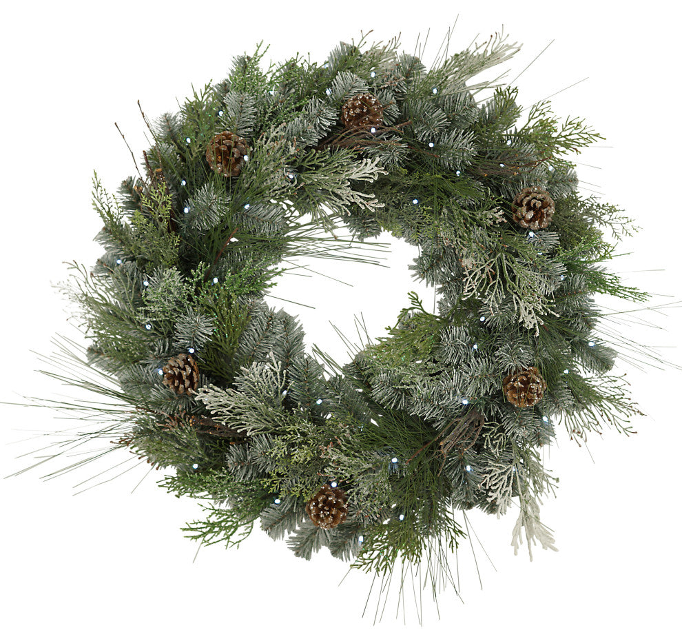 32"D Pre-Lit Snowy Mixed Pine Wreath w/Pine Cones, Twig & Cedar Accents.
