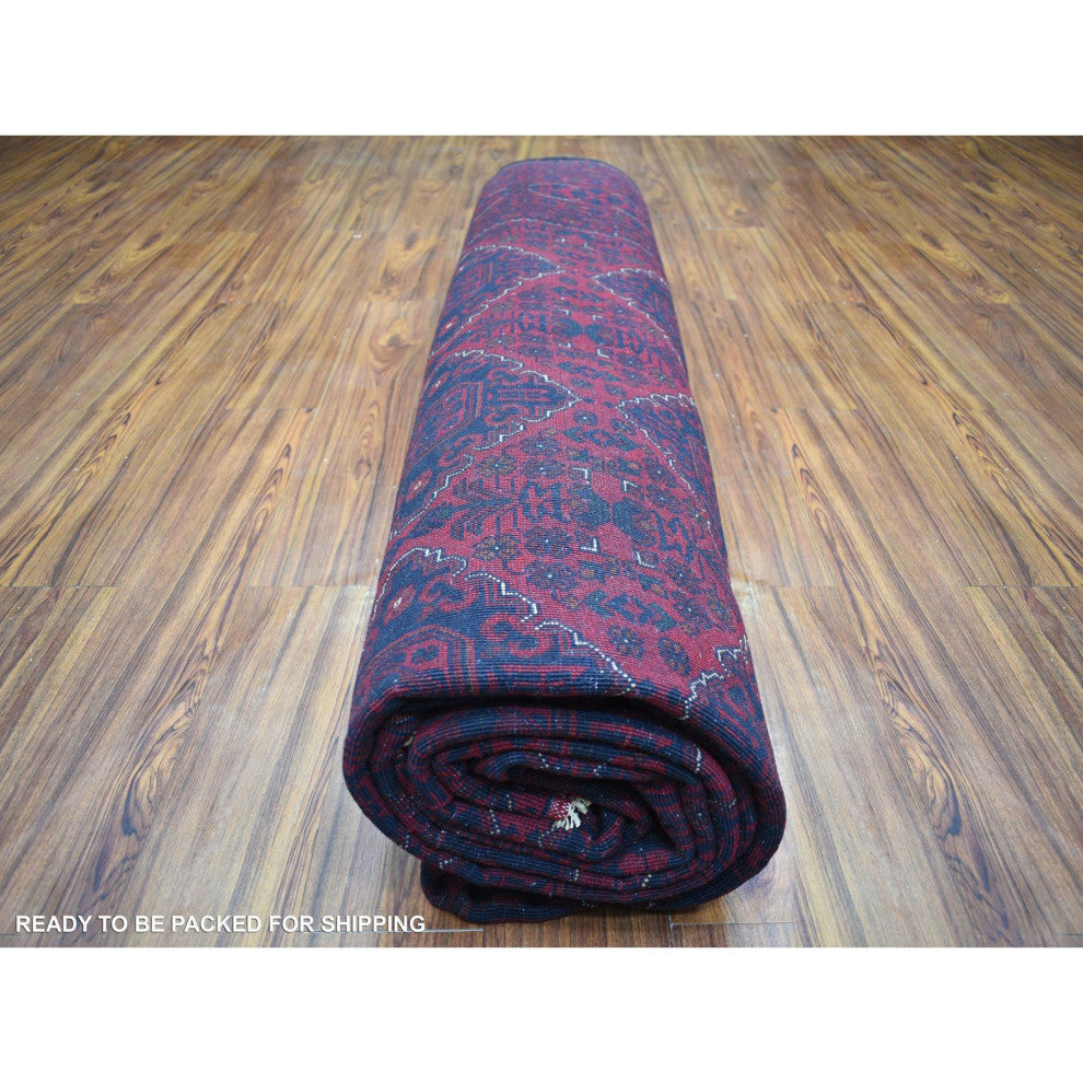 Deep and Saturated Red, Hand Knotted Afghan Khamyab Pure Wool Rug, 9'7"x12'9"