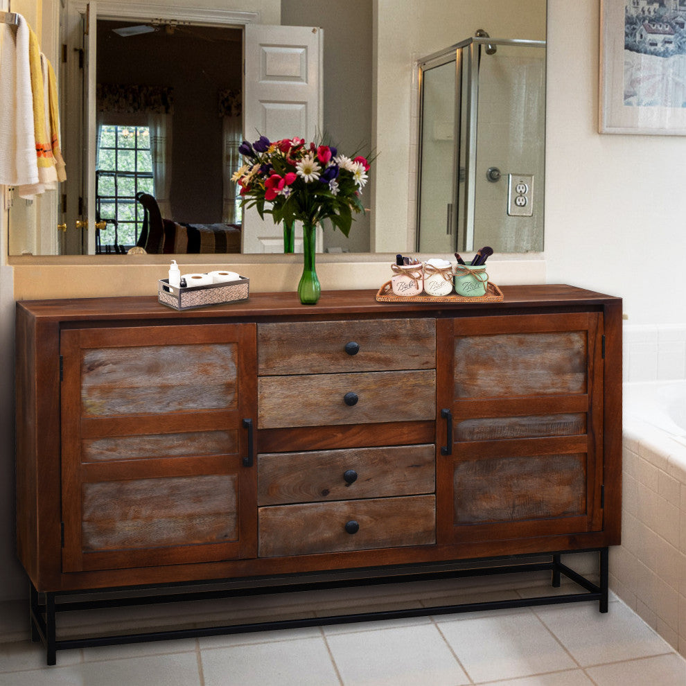 Natal Mango Wood Bathroom Linen Cabinet With 4 Drawers and 2 Doors