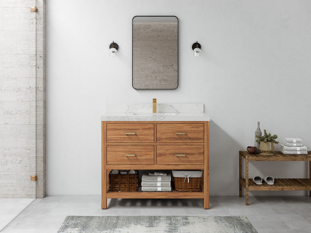 Parker Teak 42" Single Sink Bath Vanity in Golden Teak  2" Calacatta Nuvo