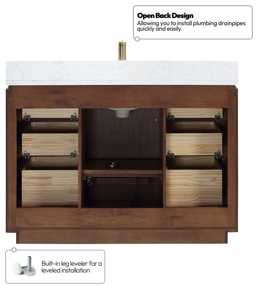 San Bath Vanity with Stone Top, Natural Walnut, 48", Single Vanity, With Mirror