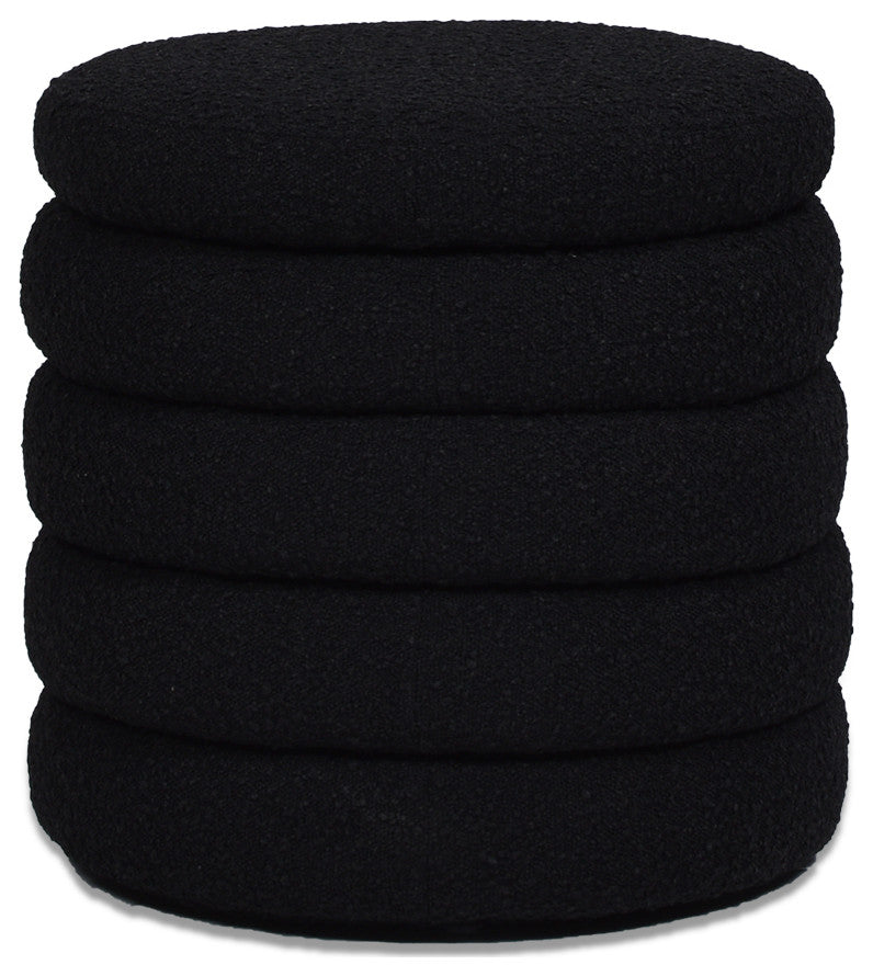 Fuji 19" Oversized Horizontal Tufted Round Storage Ottoman, Ebony Black Boucle