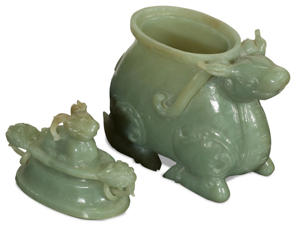 Chinese Jade Mythical Bull Incense Burner Pot
