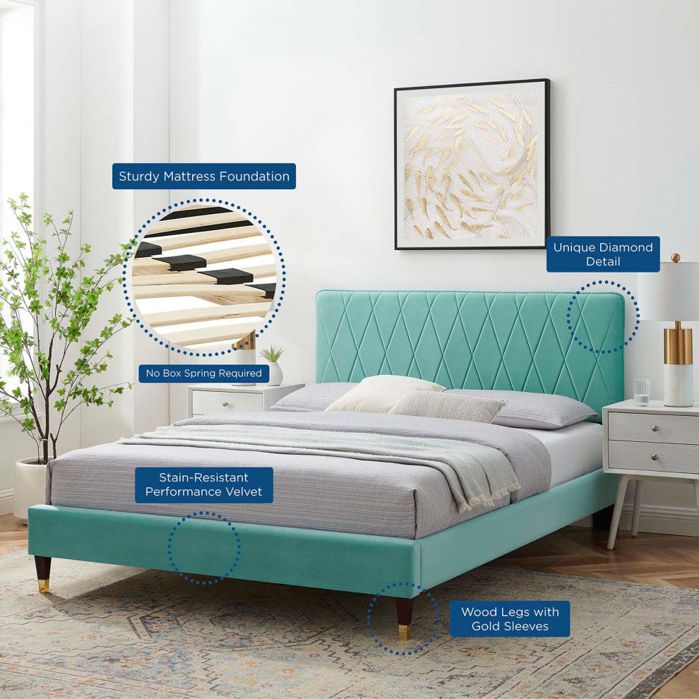 Platform Bed Frame, Queen Size, Velvet, Blue, Modern Contemporary, Bedroom
