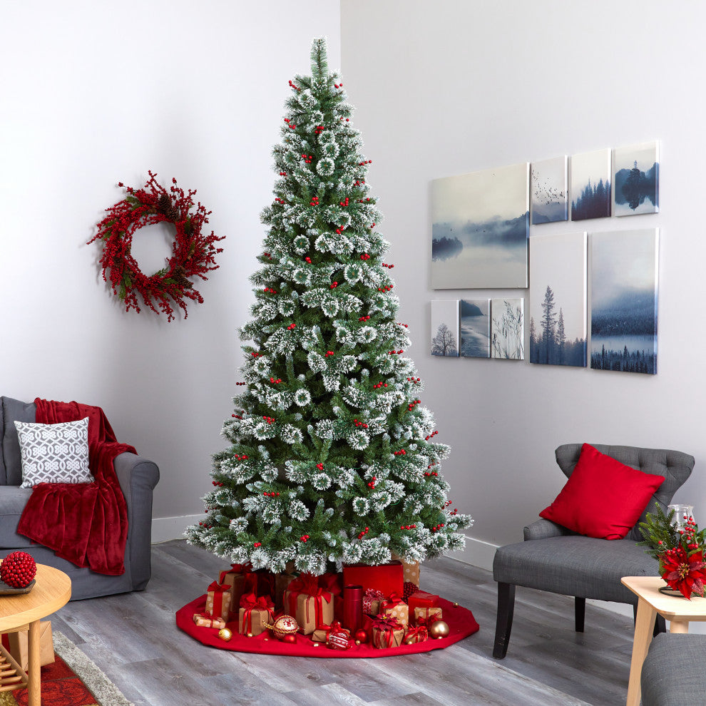 9' Frosted Swiss Pine Faux Christmas Tree With 700 Clear LED Lights and Berries
