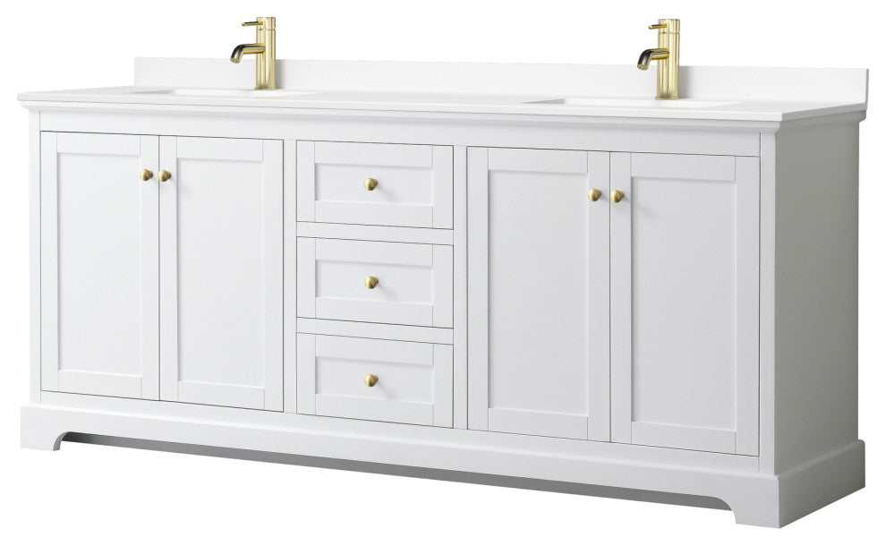 80"DBL Bath Vanity, White, White Cult. Marble Countertop, Sinks, Gold Trim