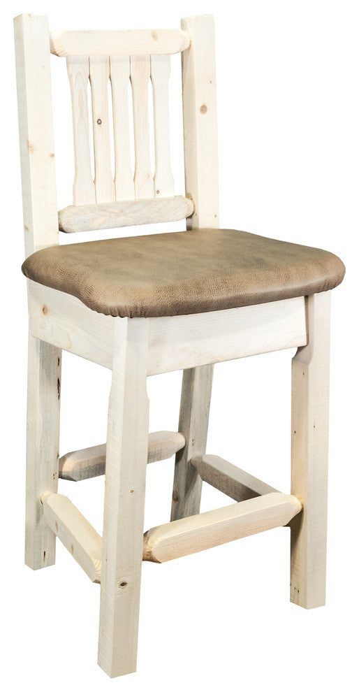 Homestead Bar Stool With Back, Buckskin Upholstery, Clear Lacquer Finish