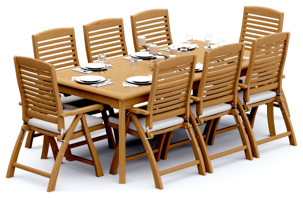 9-Piece Outdoor Teak Dining Set: 83" Rectangle Table, 8 Ashley Folding Arm Chair