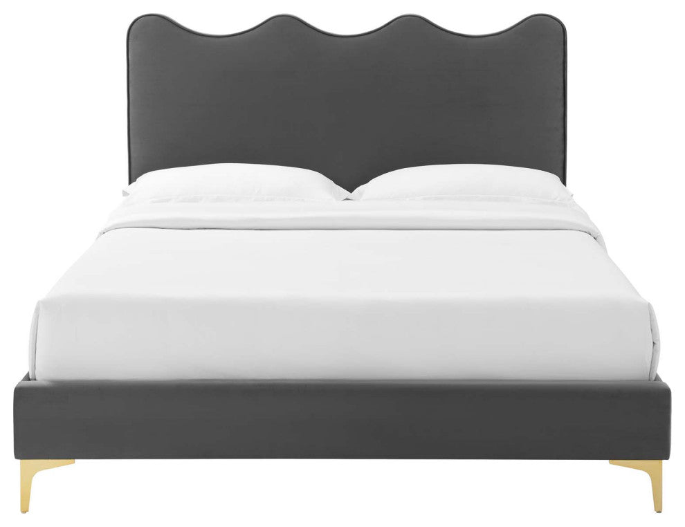 Platform Bed Frame, King Size, Charcoal Gray, Velvet, Modern, Guest Suite