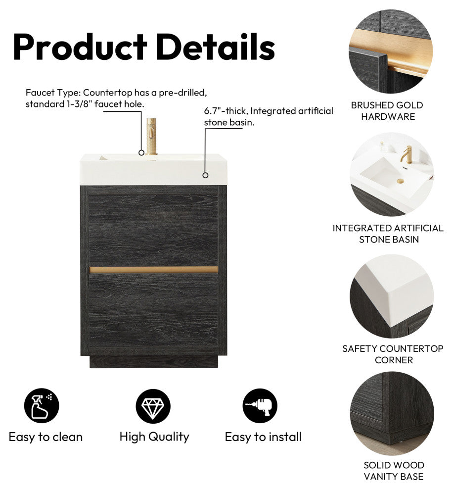 Huesca Bath Vanity, Integrated Sink Top, North American Black Oak, 24", Without Mirror