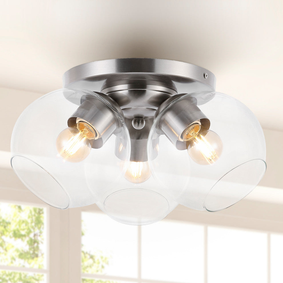 Iris 11.5" 3-Light Farmhouse Rustic Iron/Glass LED Semi Flush Mount, Nickel