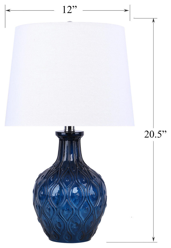 20.5" Patterned Dark Moroccan Blue Glass Table Lamp, Off-White Shades, Set of 2