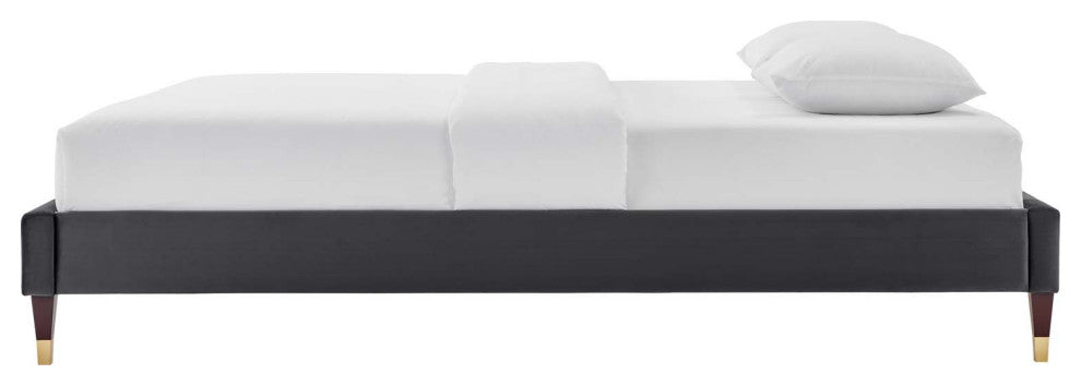 Platform Bed Frame, Twin Size, Velvet, Dark Grey Gray, Modern Contemporary
