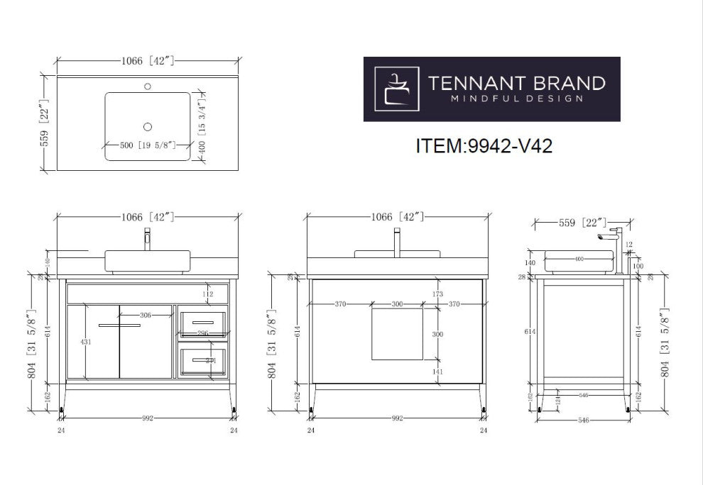 42" Tennant Brand Modern Style Navy Blue Beatrice Vessel Sink Bathroom Vanity