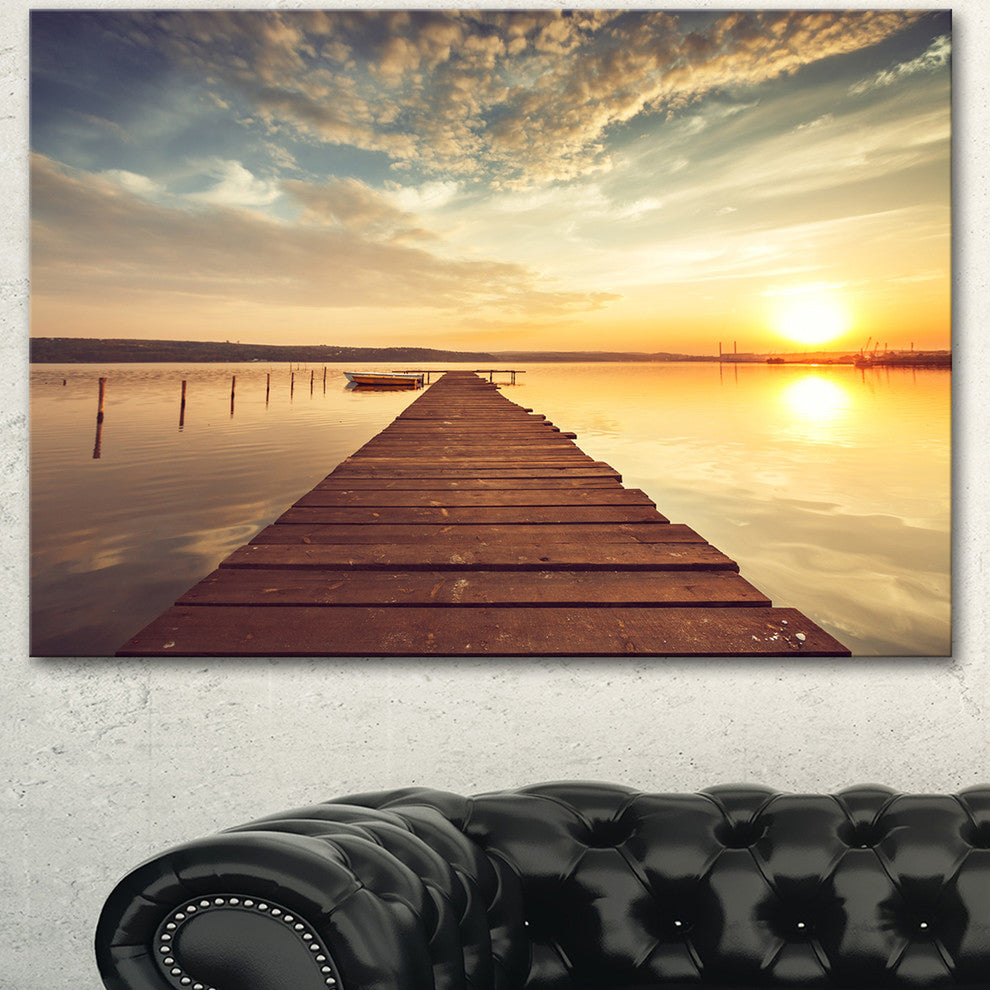 Sea Pier under Beautiful Cloudscape, Modern Canvas Art Print, 60"x28"