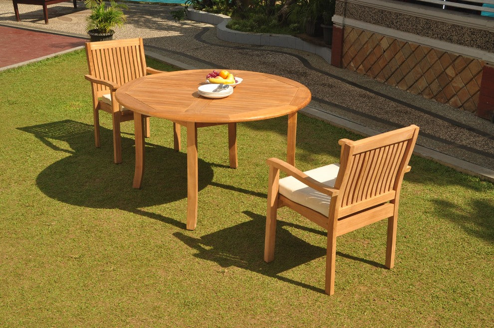 3-Piece Outdoor Teak Dining Set: 52" Round Table, 2 Leveb Stacking Arm Chairs