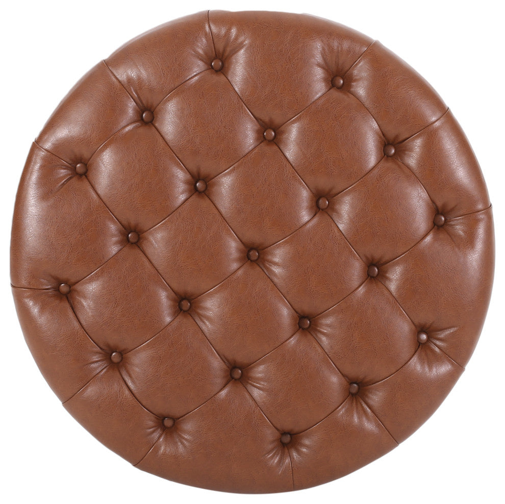 Baynes Faux Leather Tufted Wood Round Ottoman, Open Shelf, Cognac + Espresso