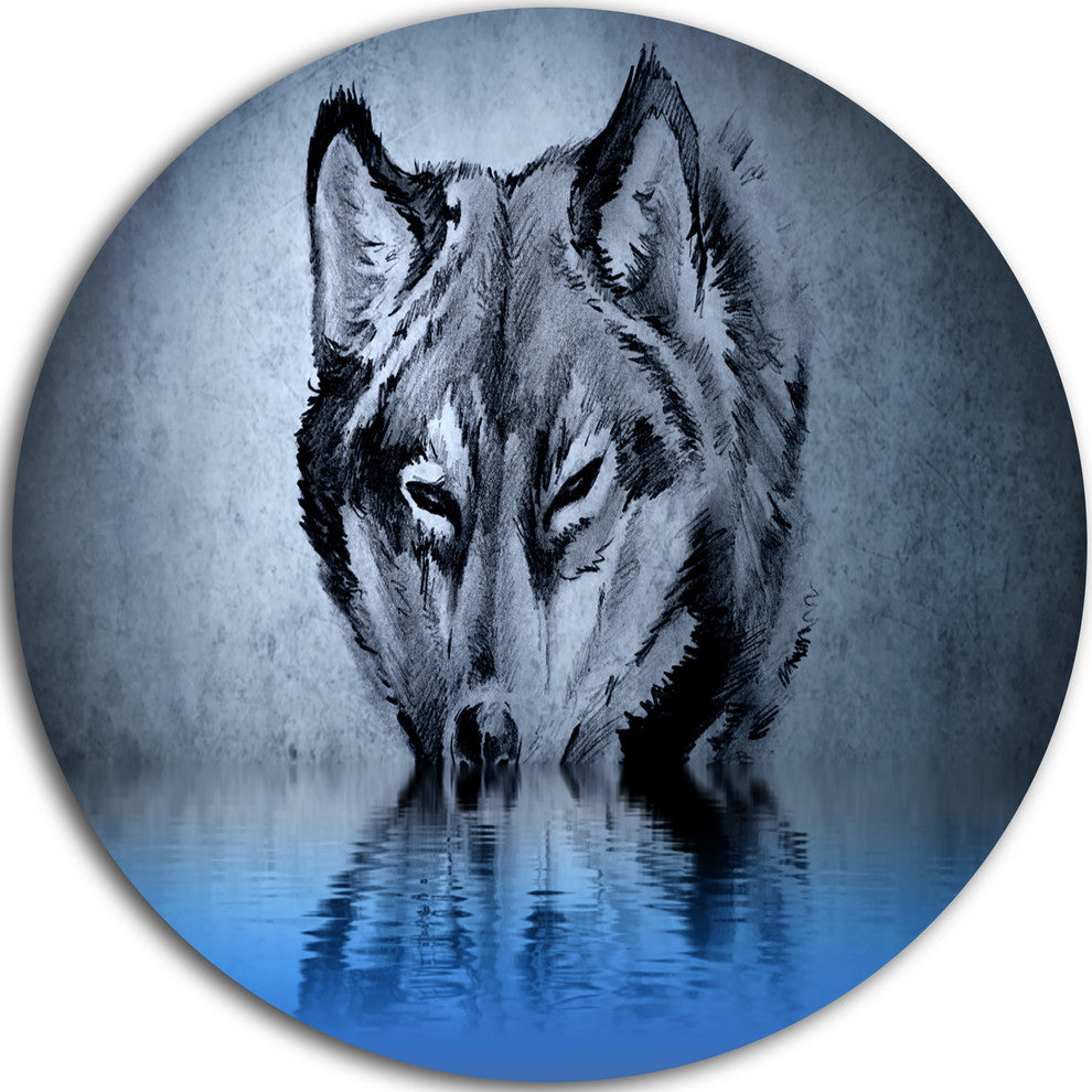 Wolf Head With Water Reflections Tattoo, Disc Metal Wall Art, 23"