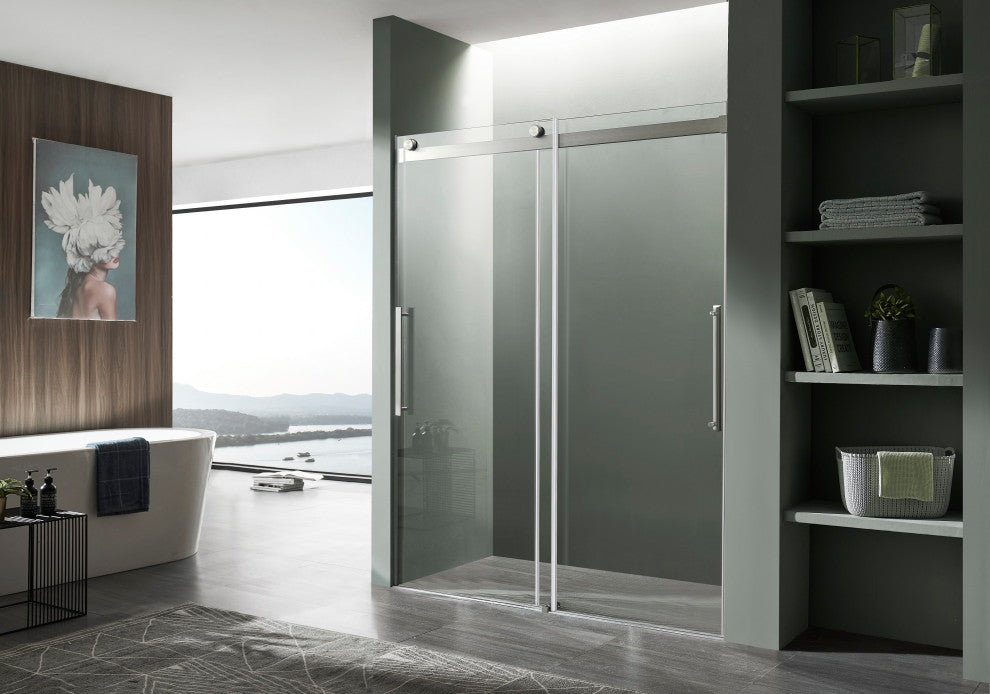 ANZZI Stellar 76" H Frameless Sliding Shower Door, Brushed Nickel, 60" W